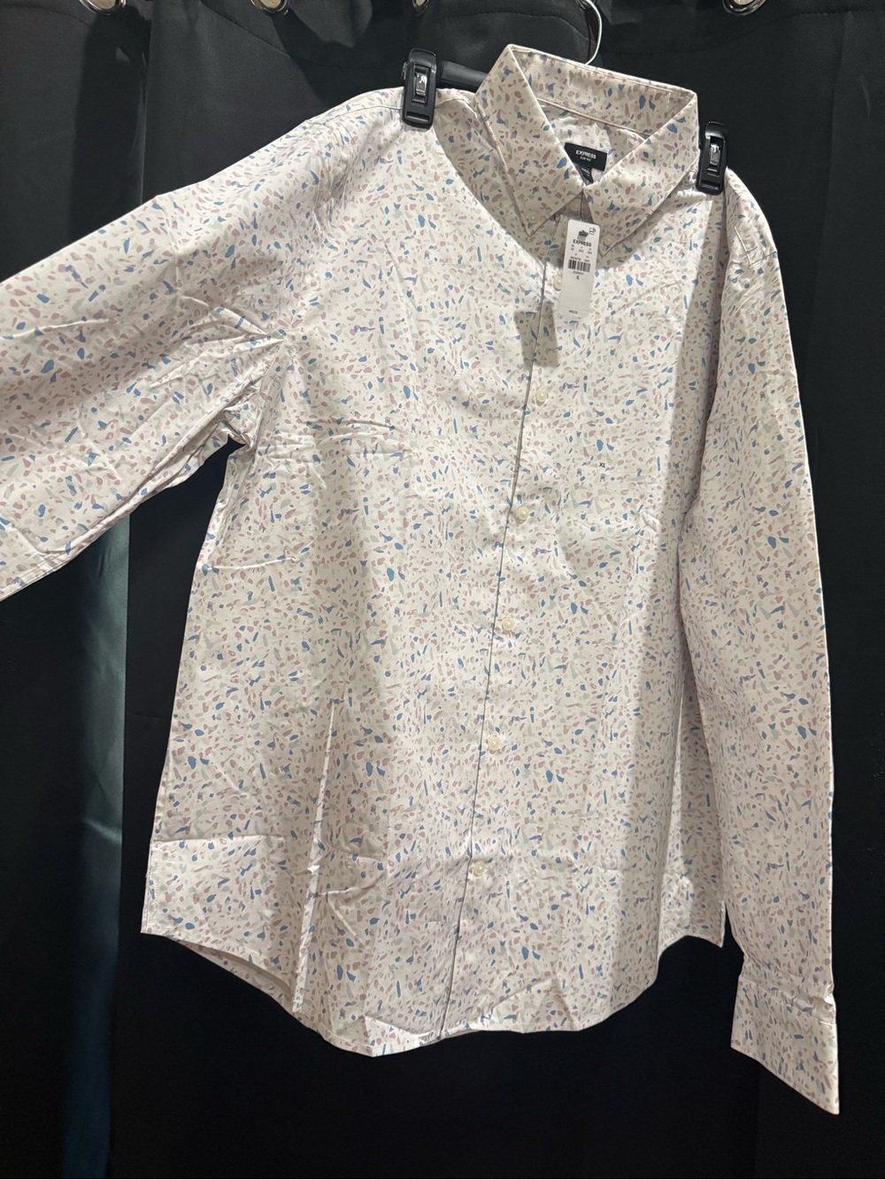Express Men's White Dress Shirt with Blue & Light Brown Print